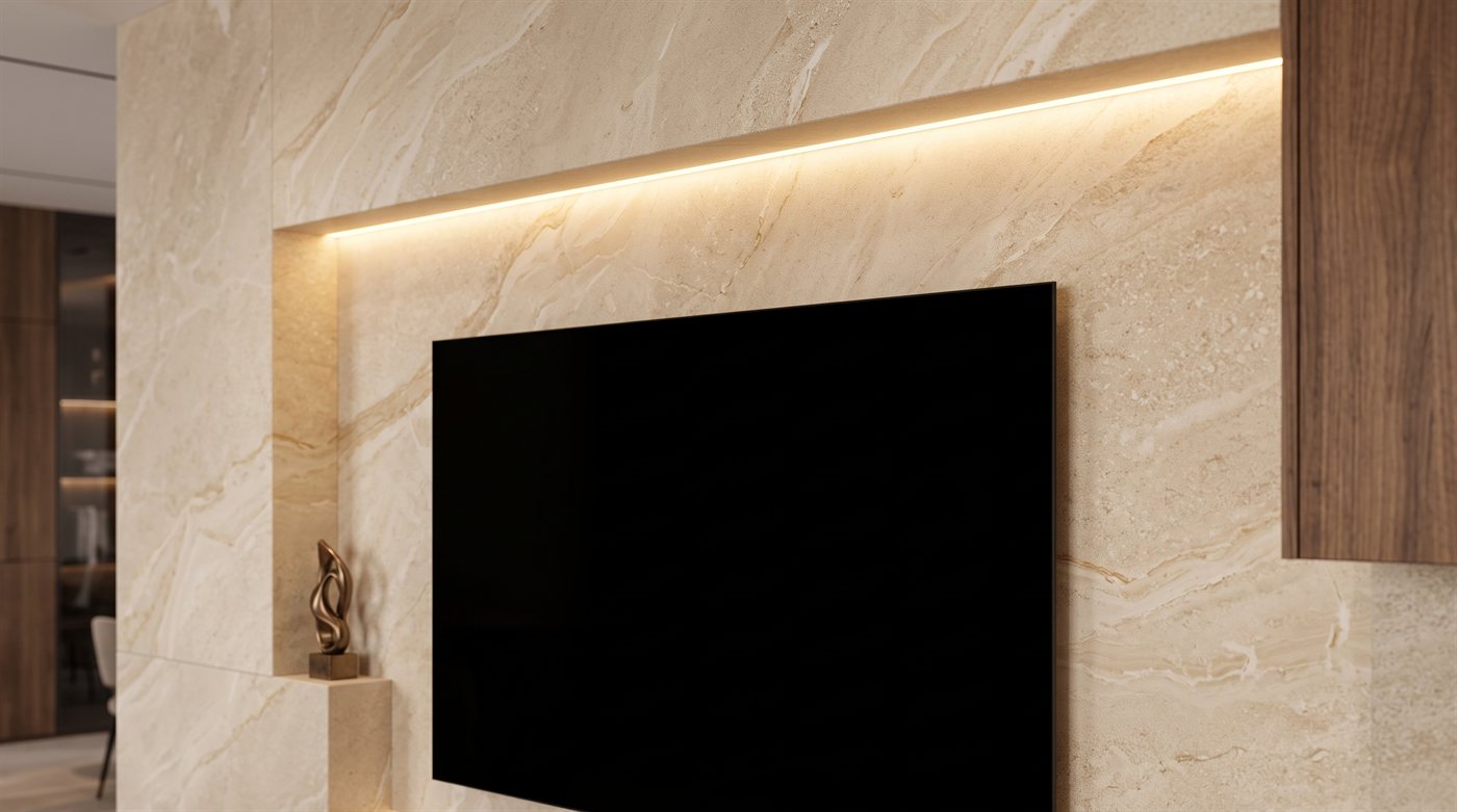 Beige marble media wall with a recessed LED line, wall-mounted television and walnut cabinet